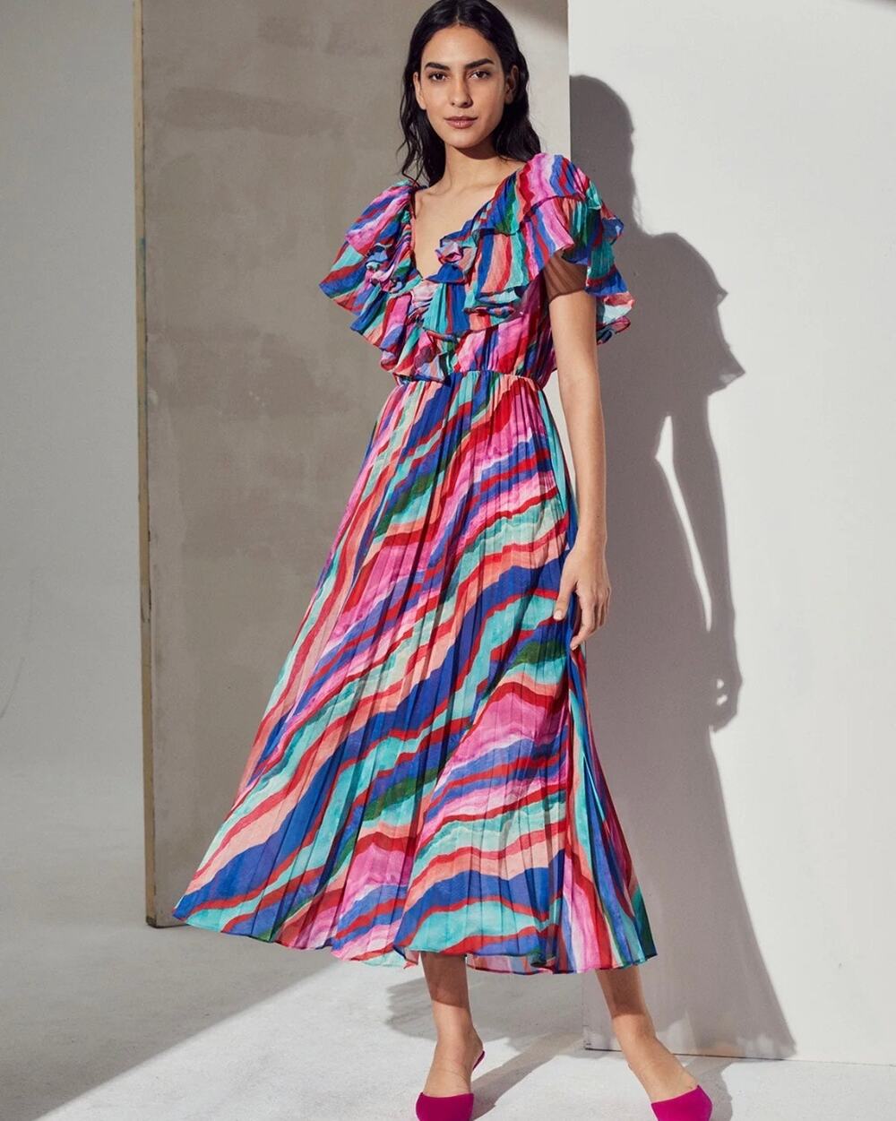 AMUR Luisa Pleated Striped Midi Dress Multicolor Pink Blue V-Neck Size 10